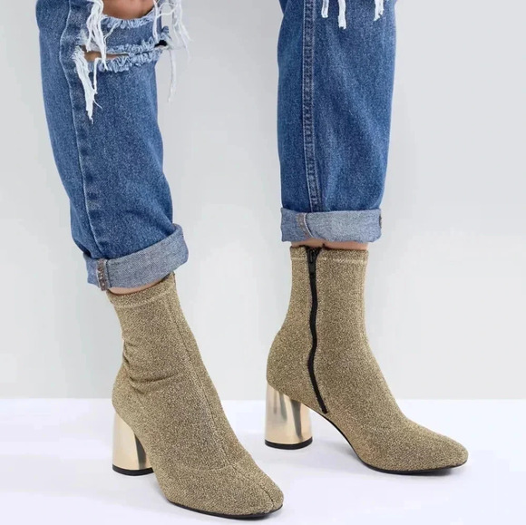 Free People Women's Spectrum Sparkle Sock Boot in Gold Block Heel Size 37/ 6.5 - Picture 1 of 13
